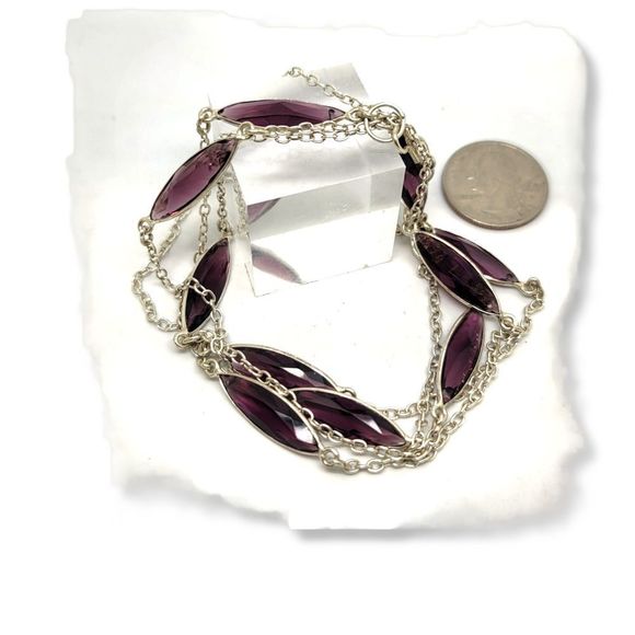 Silver-Tone Amethyst Color Purple Glass Marquise Cut Bezel Set Necklace 40" - Picture 2 of 6